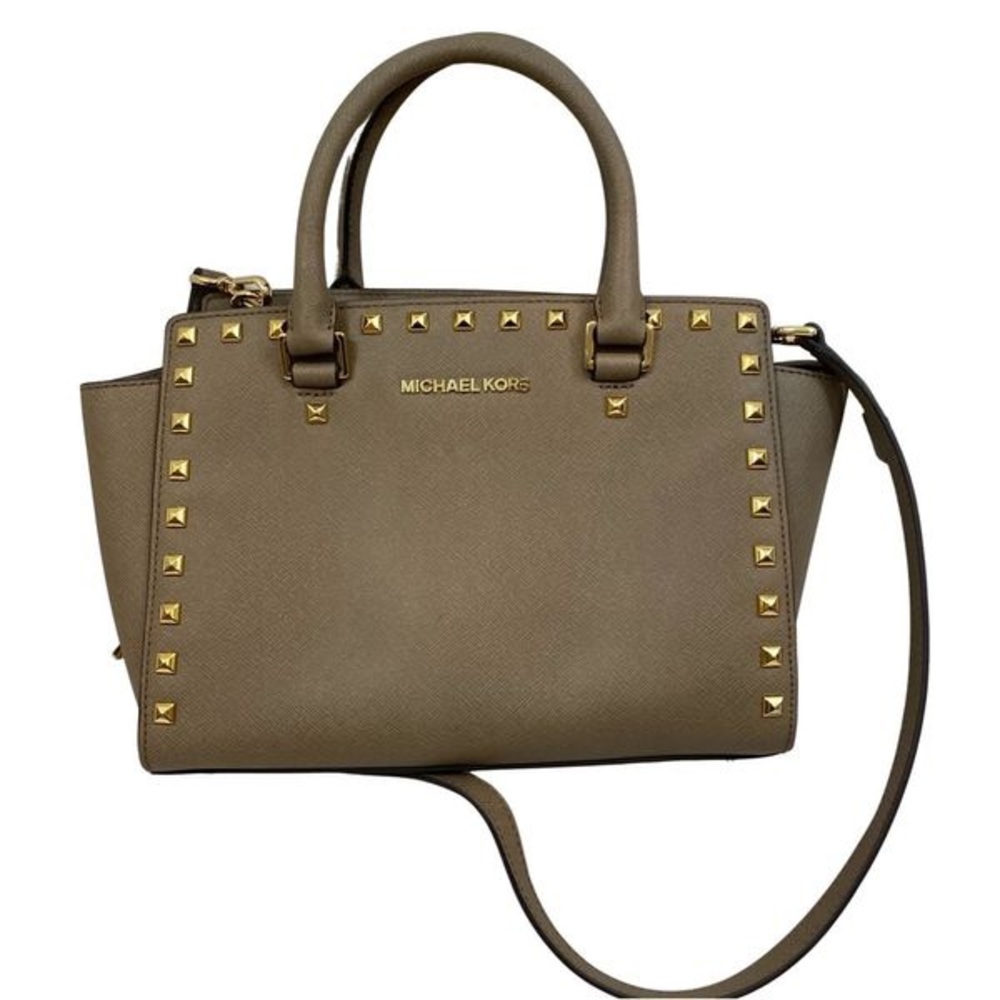 Michael Kors Selma Medium Gold Studded Leather Crossbody Bag